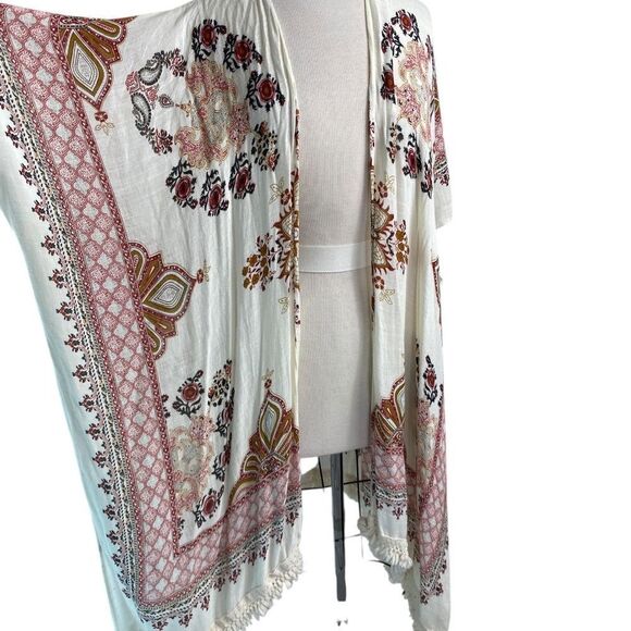 Kimono/Duster/Cover Up One size bege cream gold pink tassel fringe hem - Picture 1 of 6